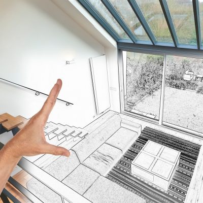 planned renovation of a modern living room with large windows